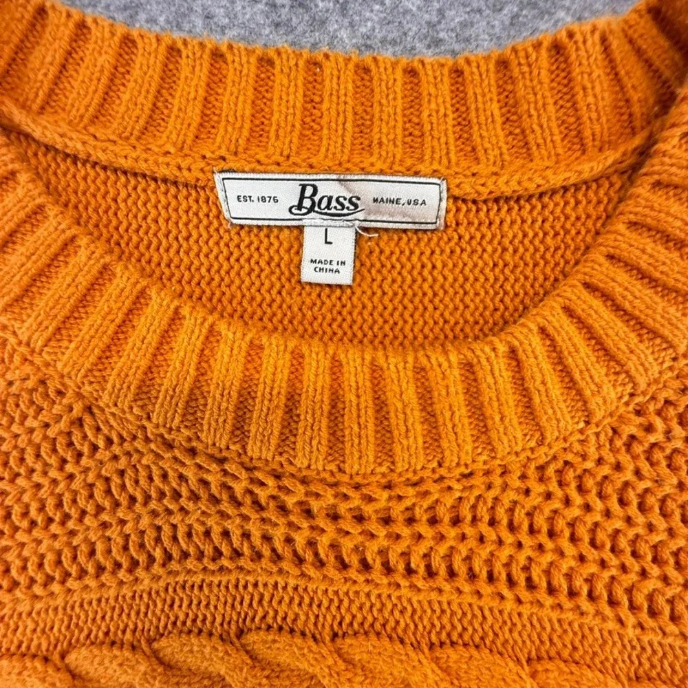 Bass Womens Orange Cable Knit Crew Neck Sweater Size L Chunky Classic